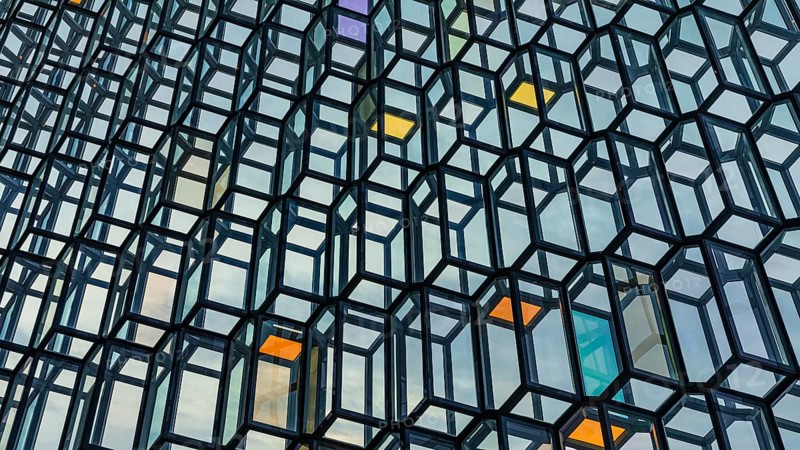 Glass facade of the Harpa Concert Hall and Congress Centre, interior view, Reykjavik, Reykjanes Peninsula, Sudurnes, Iceland, Europe