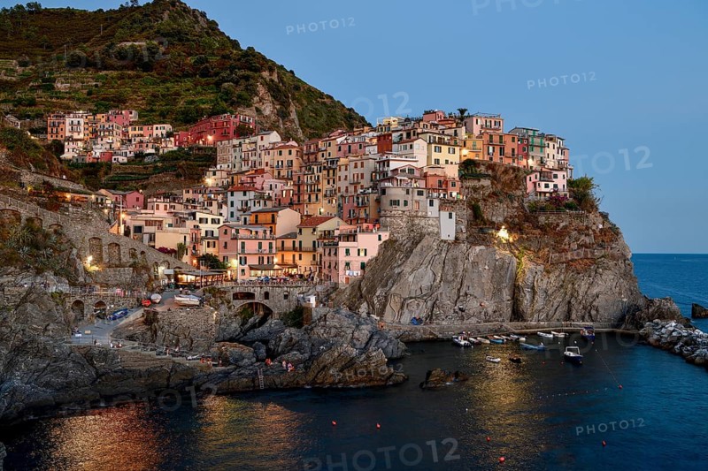 Fishing village of Manarola, blue hour, district of Riomaggiore, Cinque Terre, province of La Spezia, Liguria, Italy, Europe