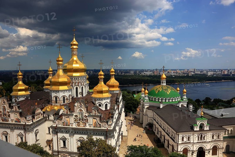 Ukraine, Kiev, View from the bell tower to the monastery complex of the Kiev Cave Monastery, Holy Mary Ascension Monastery, Pecherskaya Lavra, the river Dnieper and the city of Kiev, Kiev, Ukraine, Europe