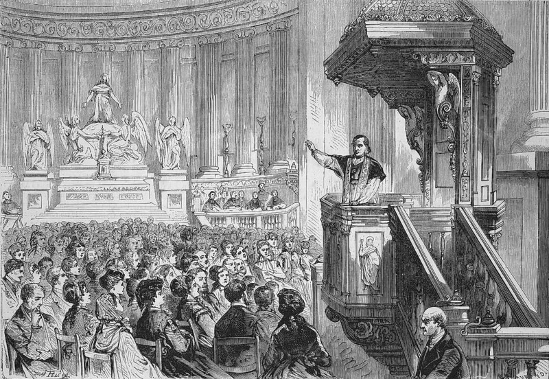 Monsignor farmer preaching from the pulpit in the Church of St. Mary Magdalene, La Madeleine, Sainte-Marie-Madeleine, St. Mary Magdalene, Paris, France, 1869, Historical, digitally restored reproduction of a 19th century original, Europe