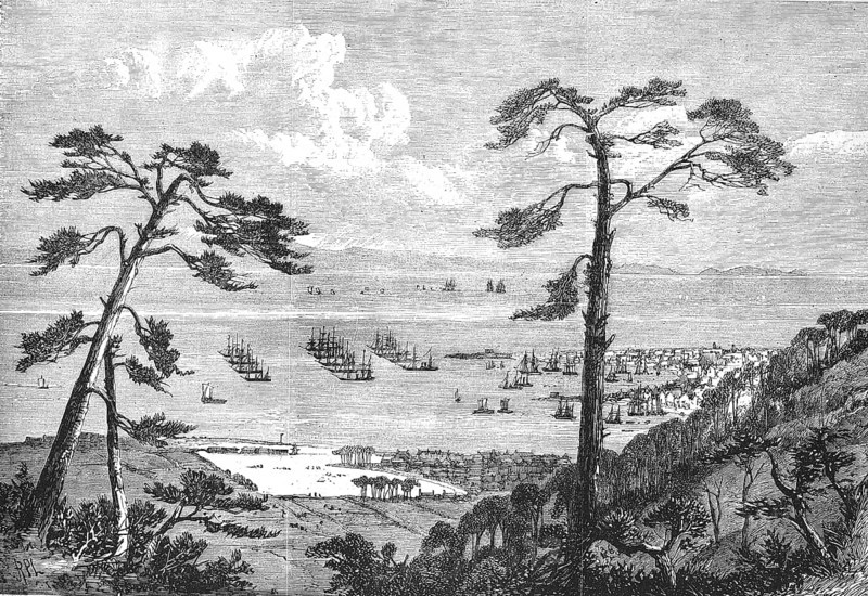 The port of Hiogo with the English and American fleets, at anchor, 1869, Japan, Historic, digitally restored reproduction of a 19th century original, exact original date not known, Asia