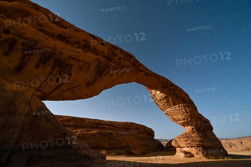 Starry sky above The Arch, also known as Rainbow Rock, near AlUla, Medina Province, Saudi Arabia, Arabian Peninsula, Asia
