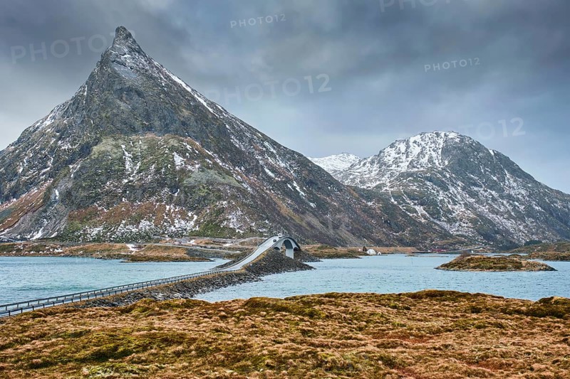 Fredvang Bridges in winter. Lofoten islands, Norway, Europe