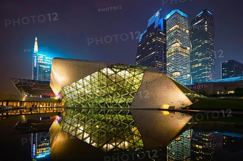 GUANGZHOU, CHINA, APRIL 27, 2018: Guangzhou Opera House designed by famous Iraqi architect architect Zaha Hadid illluminated at night