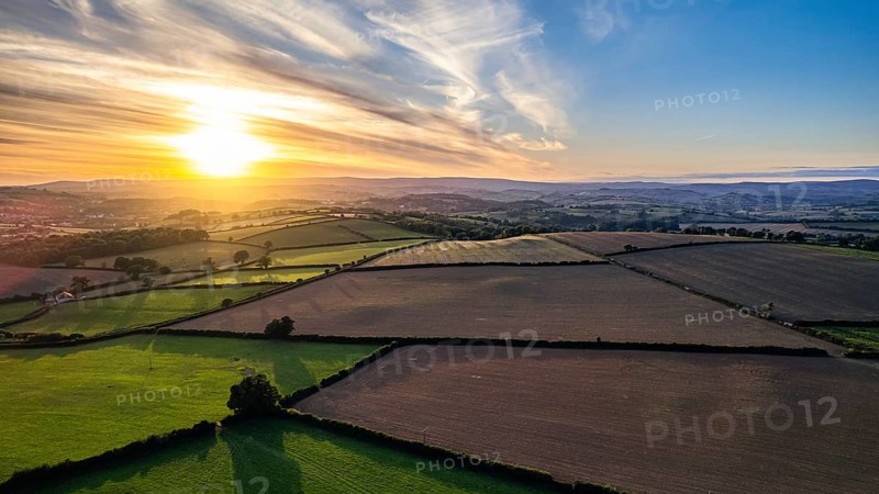Sunset over Devon Fields, Berry Pomeroy, England, United Kingdom, Europe