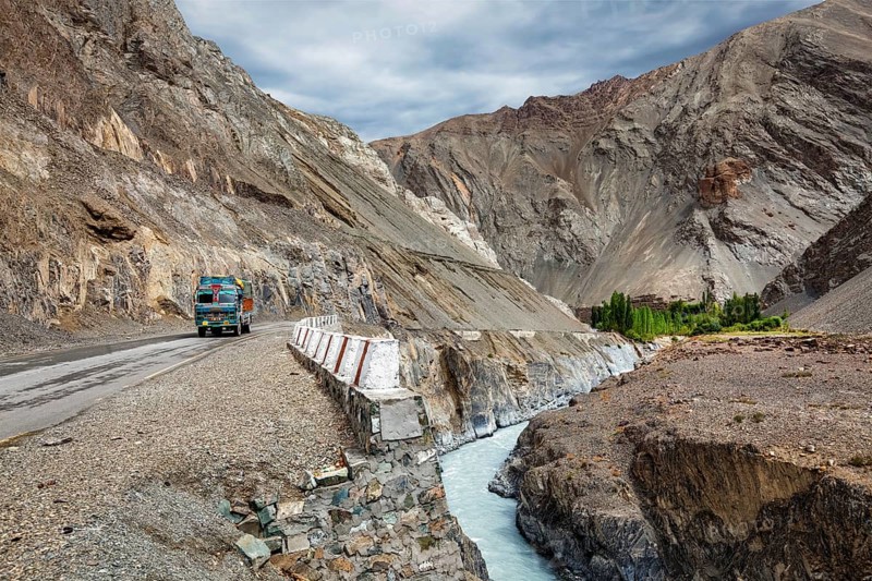 Indian lorry truck on NH-1 (Srinagar Leh national highway) in Himalayas. Ladakh, India, Asia