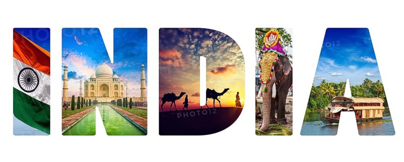 Travel Indica concept background, India text with indian tourist attractions iconic images on letters