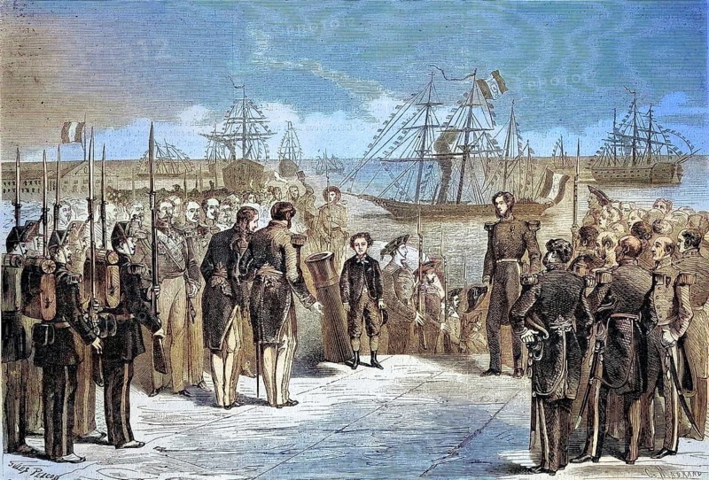 Voyage of the Imperial Prince Crown Prince Napoleon Eugene Louis Jean Joseph Bonaparte (16 March 1856 to 1 June 1879) to Cherbourg, the Prince coming off the yacht La Reine, 1869, France, Historic, digitally restored reproduction of a 19th century original, Europe