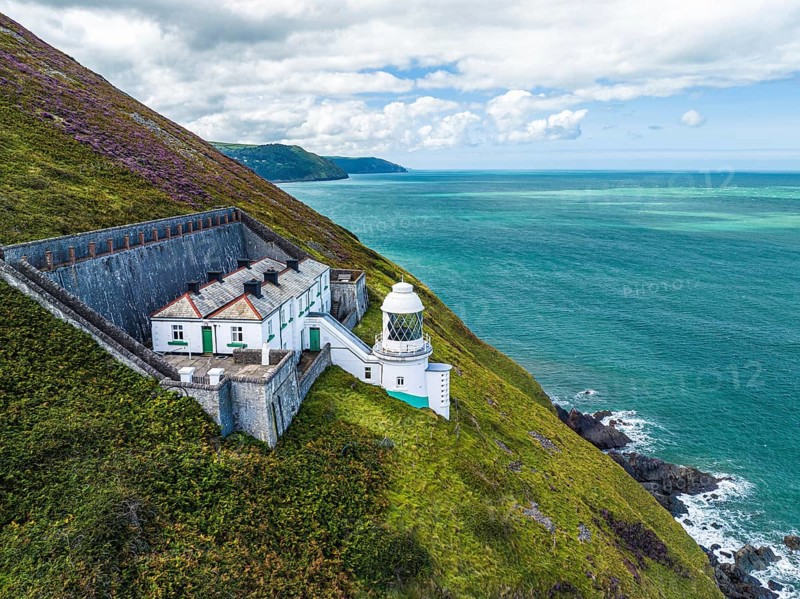 The Lighthouse Keepers Cottage from a drone, Countisbury, Lynton, North Devon, England, United Kingdom, Europe