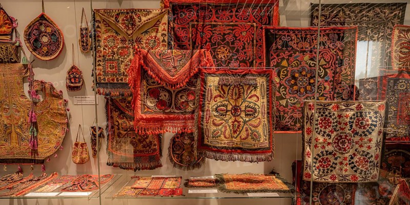 Traditional carpet with pattern, exhibition in the State History Museum, interior view, Bishkek, Kyrgyzstan, Asia