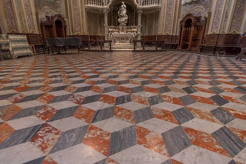 Mosaic floor in front of the altar in the church of San Filippo Neri, built in 1749, Via Lomellini, Genoa, Italy, Europe