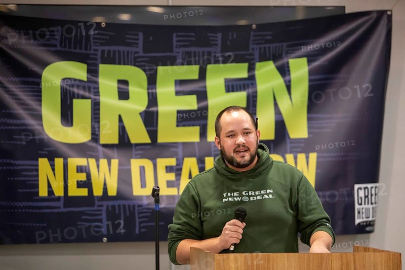 Dearborn, Michigan, Michigan State Representative Dylan Wygela speaks at a rally calling for a Green New Deal. The plan calls for government to devote more resources to fightiing climate change, while securing affordable and reliable power and an end to pollution in low-income communities. The rally was held at United Auto Workers Local 600