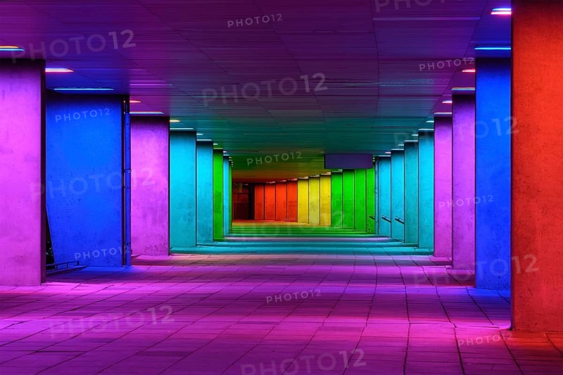 Colorful mulitcolord illuminated gallery tunnel rainbow passage under NAI building, Nederlands Architecture Institute near Museum Park, Rotterdam, The Netherlands, Europe