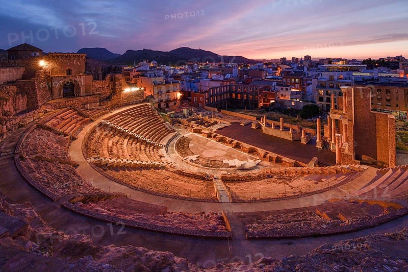 Teatro Romano, blue hour, Roman amphitheater, in the old town of Cartagena, Murcia region, Spain, Europe