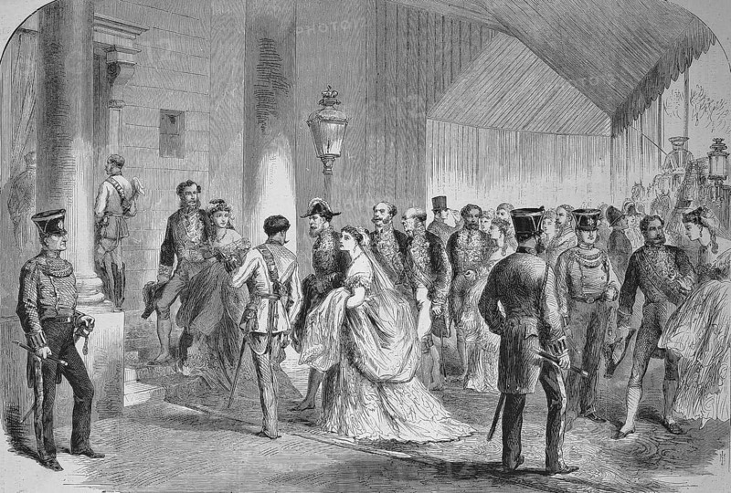 Members of the English High Nobility Bidding Farewell to Their British Majesties Before Their Departure to the Continent, 1869, Historic, digitally restored reproduction of a 19th century original