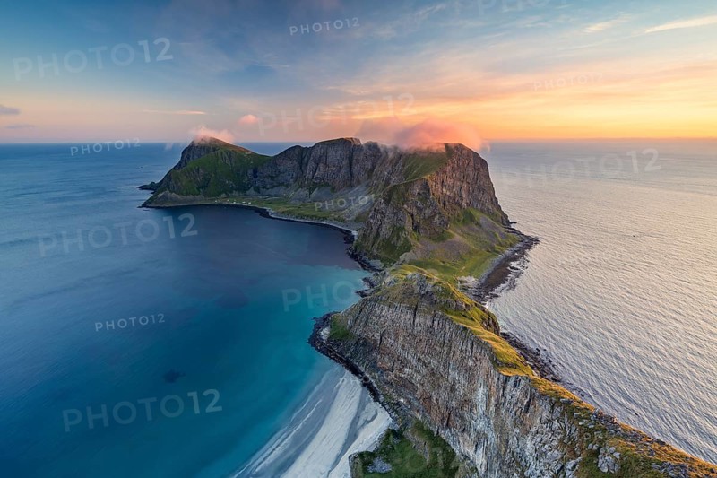 View from Håheia or Håen mountain to mountains and coast, evening mood, Måstad peninsula, Værøy island, Vaeroy, Lofoten, Norway, Europe