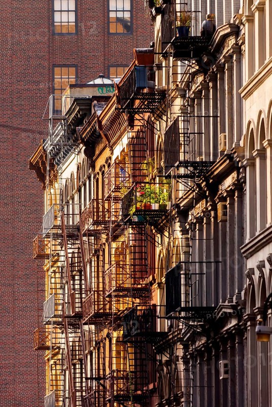 Historic buildings with fire escapes, Broadway, Manhattan, New York City, USA, North America