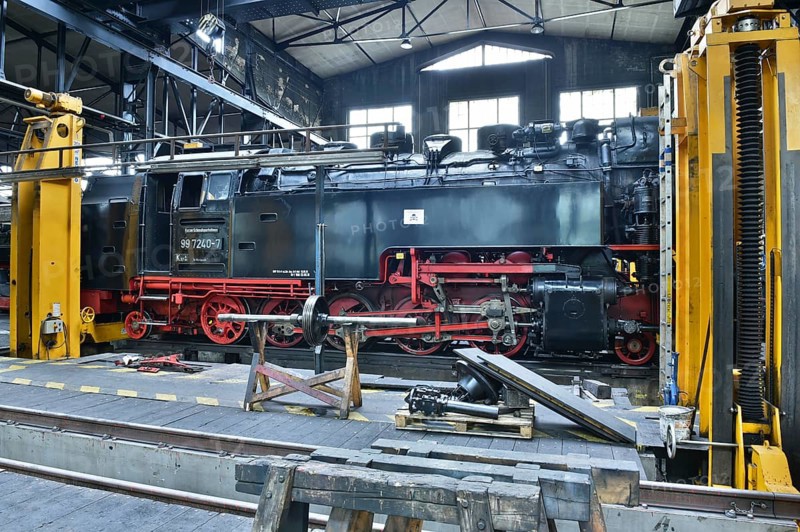 Steam locomotive of the Harz narrow gauge railway for maintenance in the workshop, Wernigerode, Saxony-Anhalt, Germany, Europe