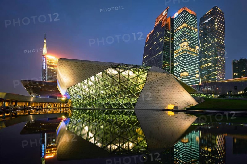 GUANGZHOU, CHINA, APRIL 27, 2018: Guangzhou Opera House designed by famous Iraqi architect architect Zaha Hadid illluminated at night