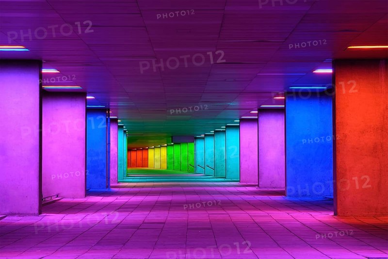 ROTTERDAM, NETHERLANDS, MAY 11, 2017: Colorful mulitcolored illuminated gallery tunnel rainbow passage installation under NAI building, Nederlands Architecture Institute near MuseumPark, Rotterdam