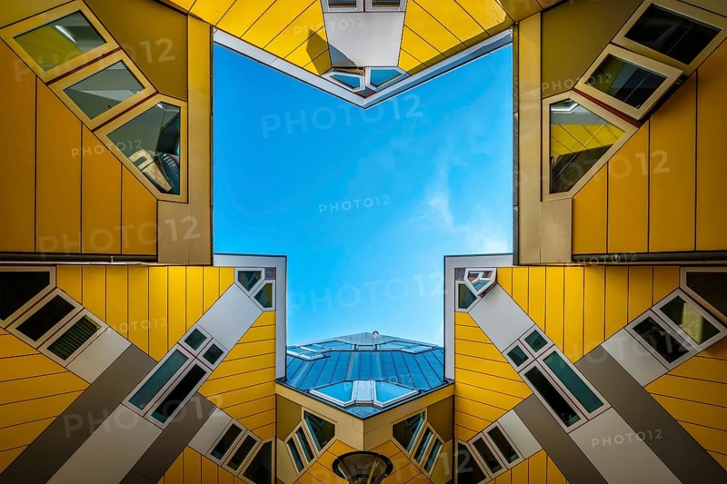 ROTTERDAM, NETHERLANDS, MAY 11, 2017: Cube houses, innovative cube-shaped houses designed by architect Piet Blom with idea to optimize space in Rotterdam, Netherlands now became a tourist attraction