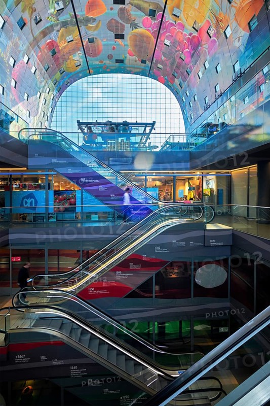 ROTTERDAM, THE NETHERLANDS, MAY 11, 2017: Interior view of the Market Hall (Markthaal) residential and office building with market hall inside designed by famous architects MVRDV