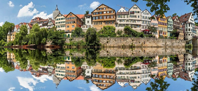 Tübingen on the banks of the Neckar with reflection in the Neckar Germany