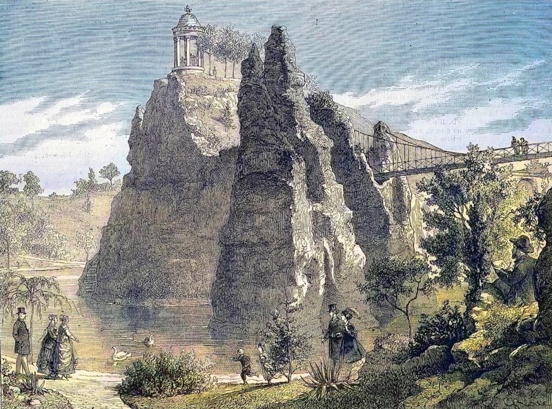 Parc des Buttes-Chaumont, an English-style landscape garden in the northeastern 19th arrondissement of Paris, opened in 1867 for the World's Fair under Napoleon III, France, Historic, digitally restored reproduction of an original 19th century design, exact original date unknown, Europe