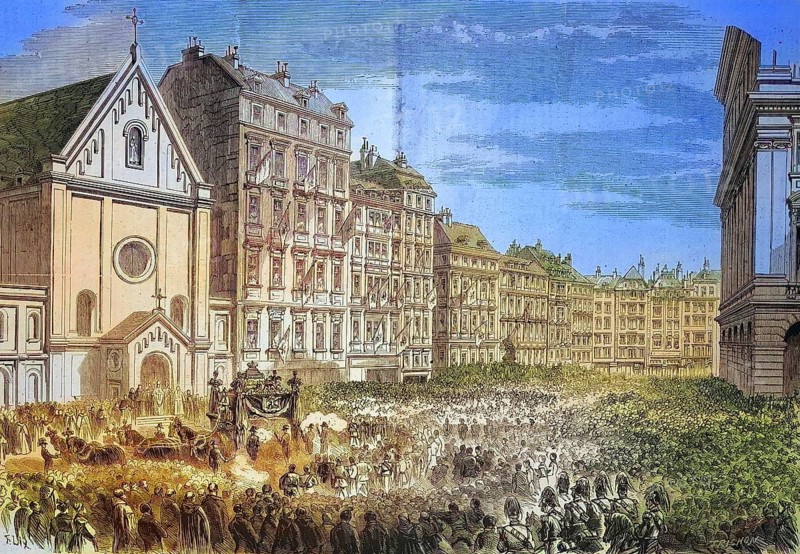 Funeral of Emperor Maximilian I of Mexico (1832-1867), arrival of the funeral procession on 18 January 1868 in front of the Capuchin Church in Vienna, Historic, digitally restored reproduction of a 19th century original, exact original date unknown