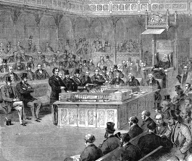 Disraeli speaking in the House of Commons, Benjamin Disraeli, 1st Earl of Beaconsfield (21 December 1804 - 19 April 1881), a Conservative British statesman and successful novelist. Twice, in 1868 and from 1874 to 1880, he held the office of British Prime Minister, 1869, England, Historic, digitally restored reproduction of a 19th century original, exact original date not known