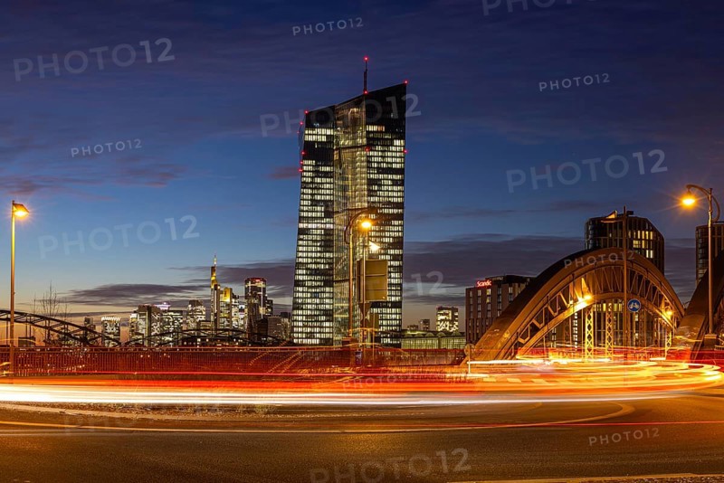 The lights in the offices of the European Central Bank (ECB) in Frankfurt am Main shine in the evening, Frankfurt am Main, Osthafen, Hesse, Germany, Europe