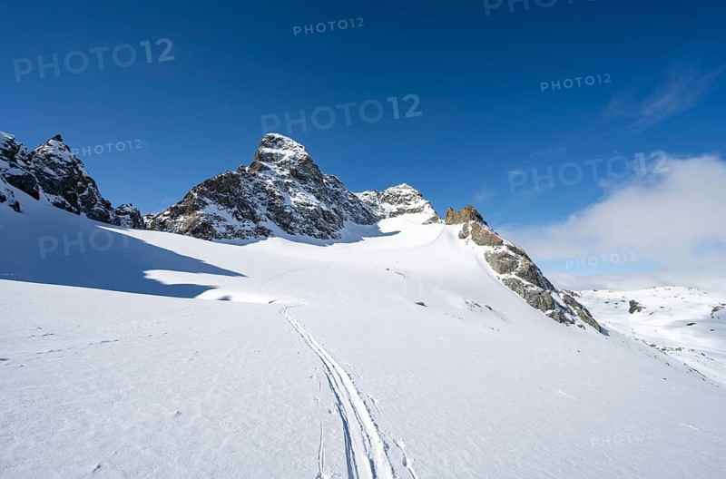 Ascent to the summit of Piz Kesch on the Vadret da Porchabella glacier in winter, view of Piz Kesch mountain peak, high tour, ski tour Bündner Haute Route, Albula Alps, Rhaetian Alps, Grisons, Eastern Switzerland, Switzerland, Europe