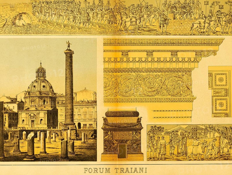 Forum Trajani, public square, ruin, Trajan column with emperor, several relief details, church dome construction, ornamentation, title, ancient Rome, Italy, coloured historical illustration from 1882, Europe