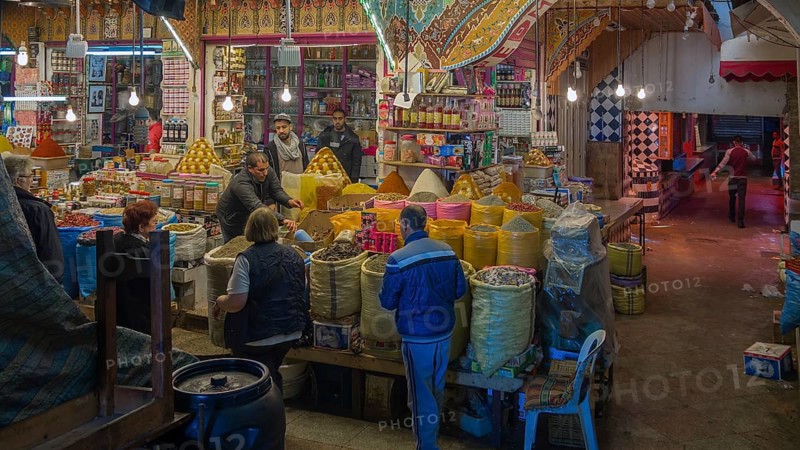 Market stall with dried spices and herbs in the covered souk in the centre of Meknes, Meknes, Morocco, Africa