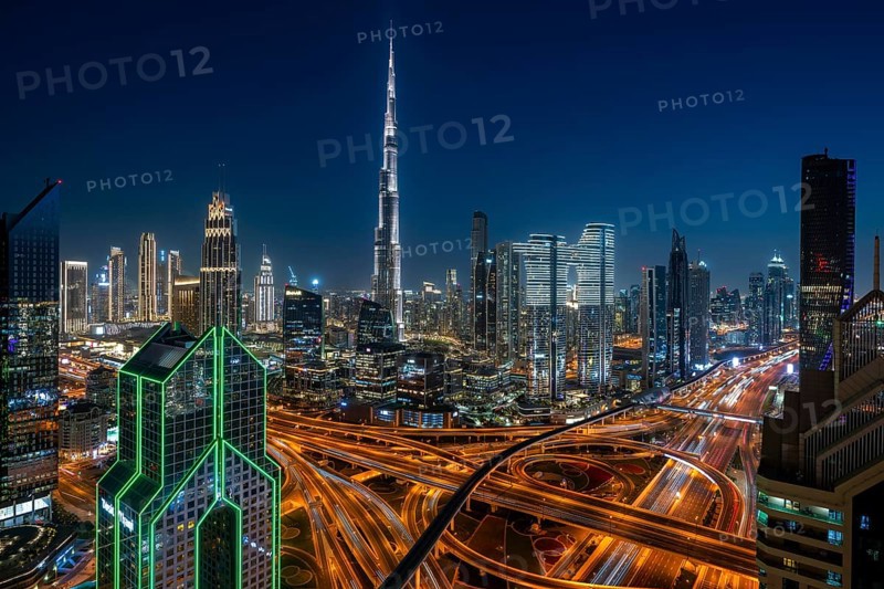 Dubai skyline at night, Burj Khalifa tallest building in the world, United Arab Emirates, Asia