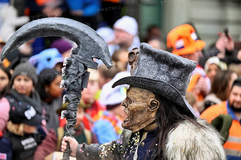 Person dressed up as a goth at the Wey guild on Rose Monday, Güdismäntig, Lucerne Carnival 2024, Lucerne, Switzerland, Europe