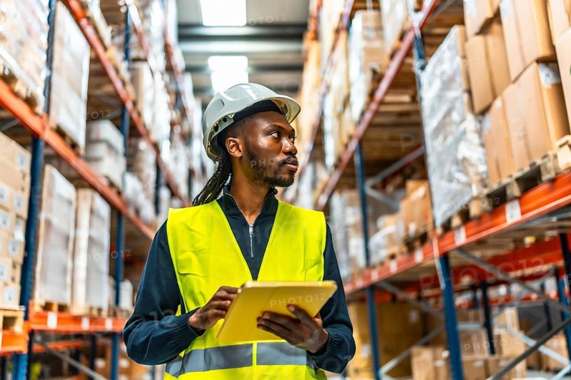 African worker with protective helmet and yellow reflective waistcoat using digital tablet taking inventory in a warehouse