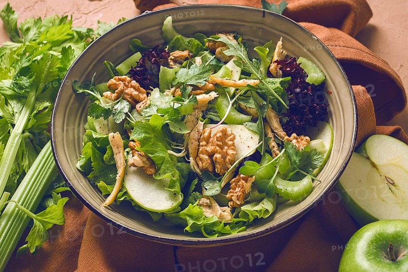 Fresh, Waldorf salad, celery stalk with chicken, apple and walnut, grapes, herbs, homemade, no people