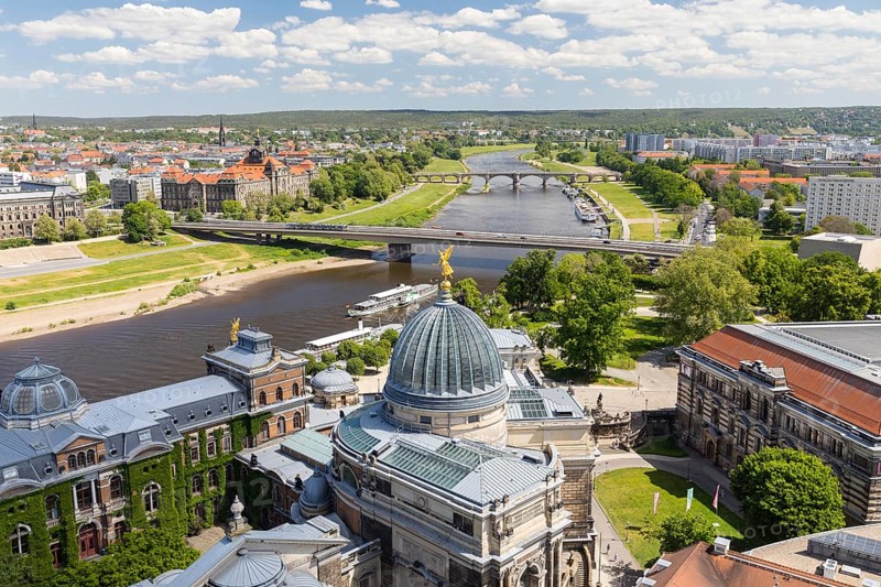View from the tower of the Church of Our Lady to the Academy of Fine Arts, Elbe with paddle steamer, Karola Bridge and Saxon State Ministry, Dresden, Saxony, Germany, Europe