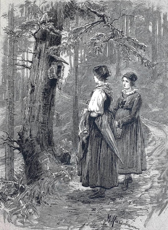 Two woman standing in front of a birdhouse by a tree on a path in the Black Forest, around 1890, Germany, digital reproduction of an original 19th century model, historical, Europe