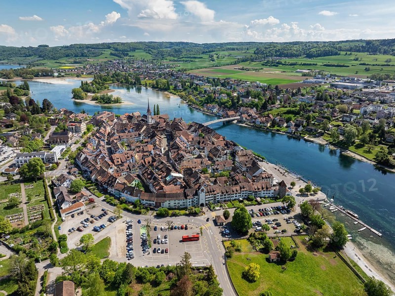 Aerial view of the historic old town of Stein am Rhein, Lake Rhine, Lake Constance, with the Rhine bridge, Canton Schaffhausen, Switzerland, Europe
