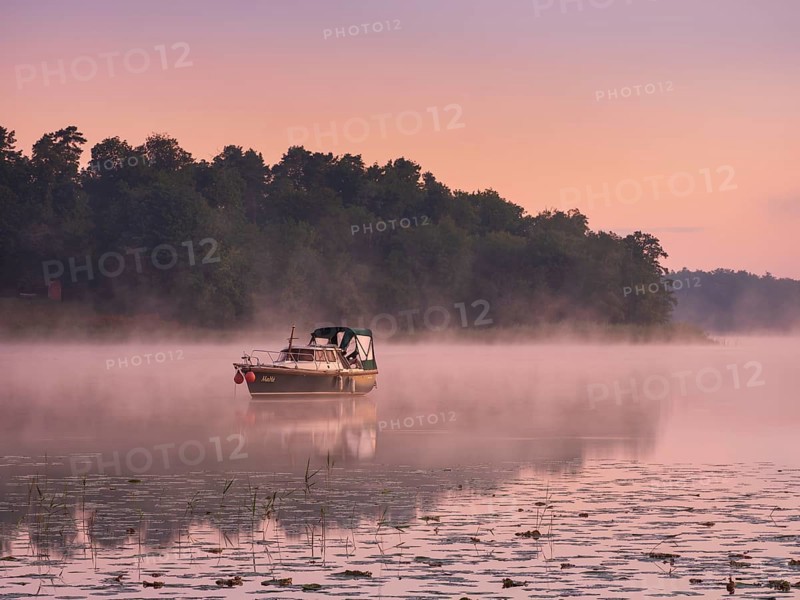 Morning atmosphere at Lake Grienerick, boat anchored, morning mist on the water, Rheinsberg, Brandenburg, Germany, Europe