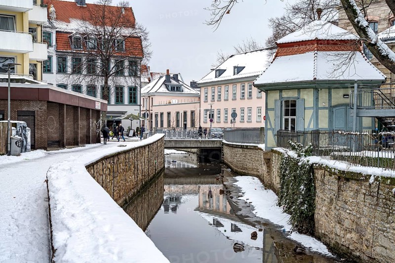 On the snow-covered Leine Canal in Göttingen, Lower Saxony, Germany, Europe