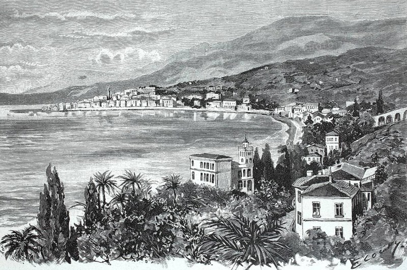 General view of Mentone, Menton, around 1890, in southern France, digital reproduction of an original from the 19th century, historical