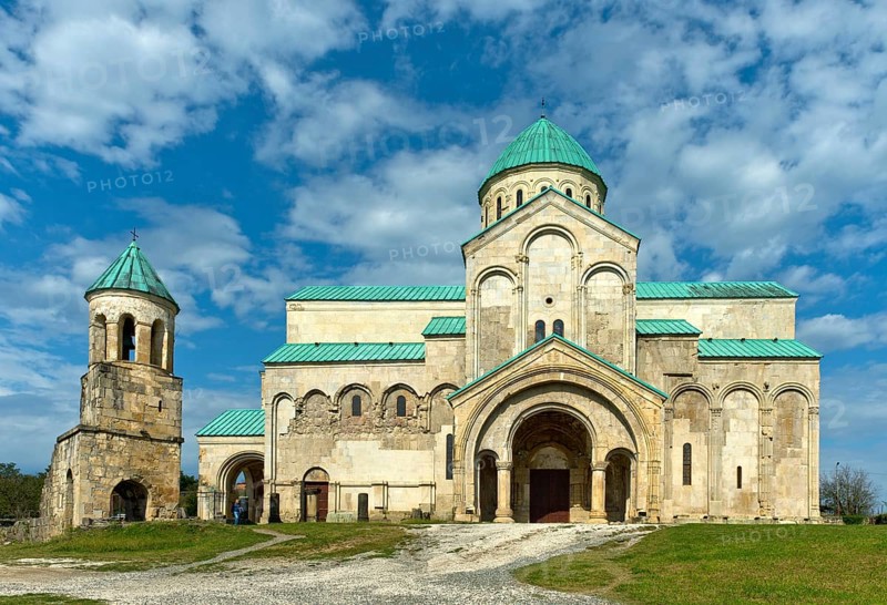South façade of Bagrati Cathedral, Kutaisi Cathedral, and historic bell tower, Kutaisi, Imeretia, Georgia, Asia