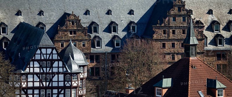 View from the city church tower to the New Palace and the armoury of Justus Liebig University, Giessen, Hesse, Germany, Europe