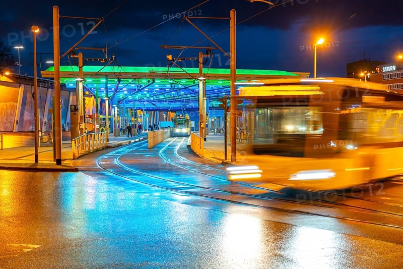 Ruhrbahn trams, at Essen-Steele S-Bahn station, interface between rail transport and tram and bus lines, in Essen, North Rhine-Westphalia, Germany, Europe
