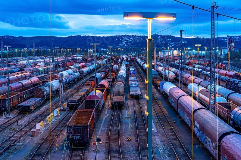The Hagen-Vorhalle marshalling yard, one of the 9 largest in Germany, is located on the Wuppertal-Dortmund railway line and has 40 directional tracks on which goods trains are assembled, in the evening, North Rhine-Westphalia, Germany, Europe