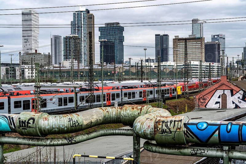 Mainova district heating line, local trains on the track in front of Frankfurt am Main main station, skyline, Hesse, Germany, Europe