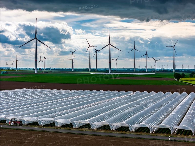 Agriculture, large areas with foil tunnel, for the cultivation of strawberries, freshly cultivated fields, wind farm, south of Lövenich, belongs to Erkelenz, in the district of Heinsberg